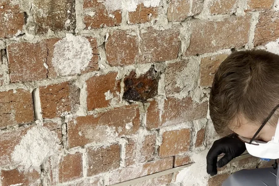 Materialprobe wird angefeuchtet aus der Wand entnommen
