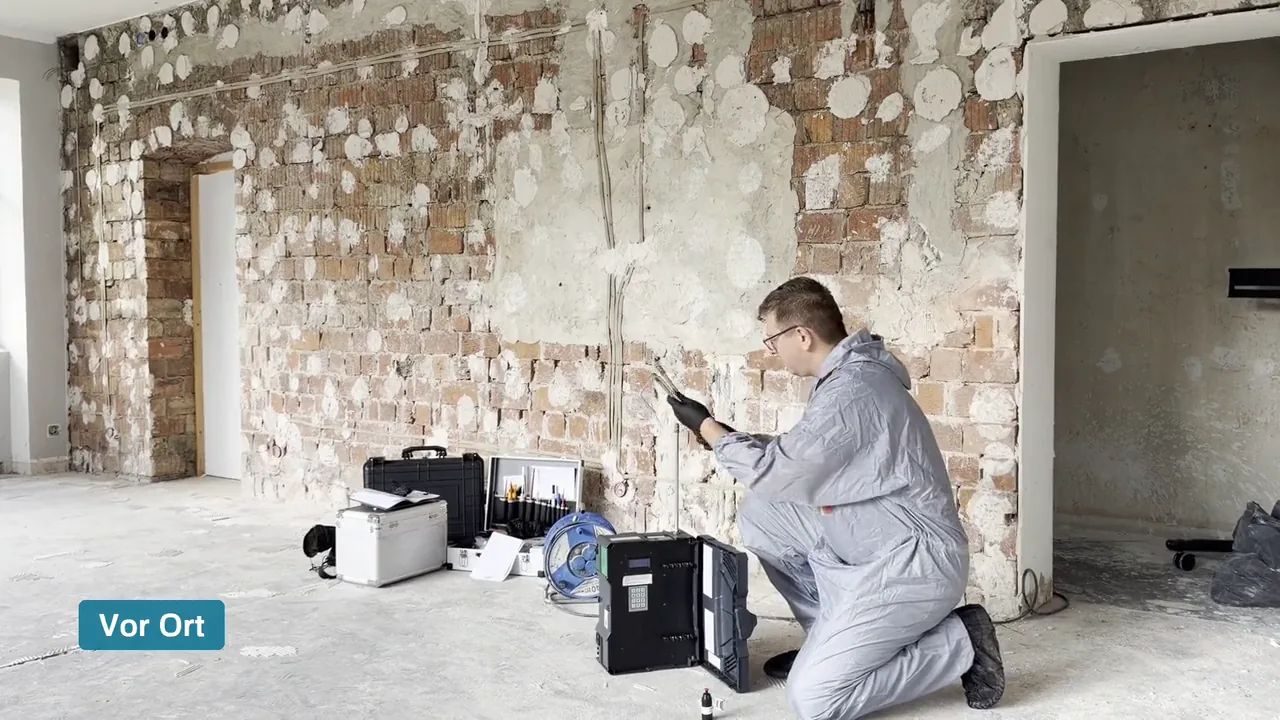 Messtechniker im Schutzanzug baut die Messtechnik in einem entkernten Altbau auf